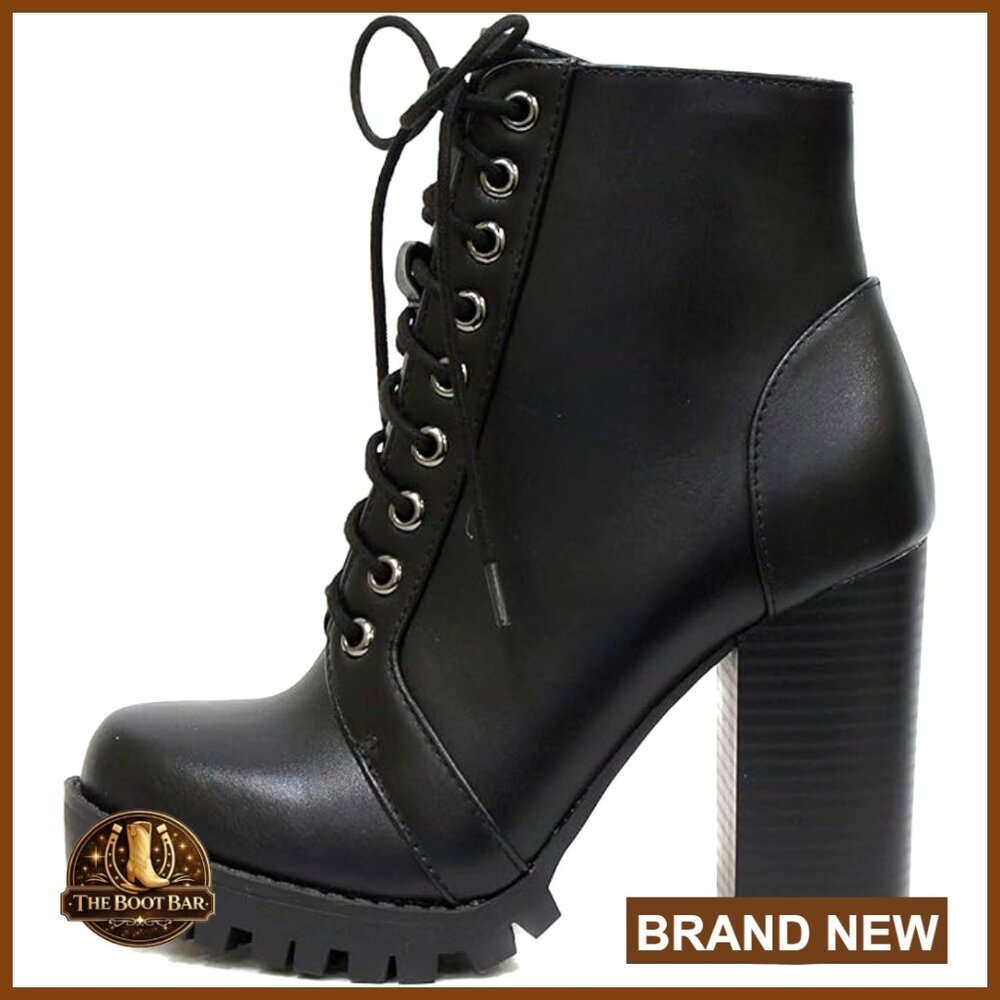 Military Ankle Boots with Lace Up and Side Zipper, 4 Inch Stacked Heel